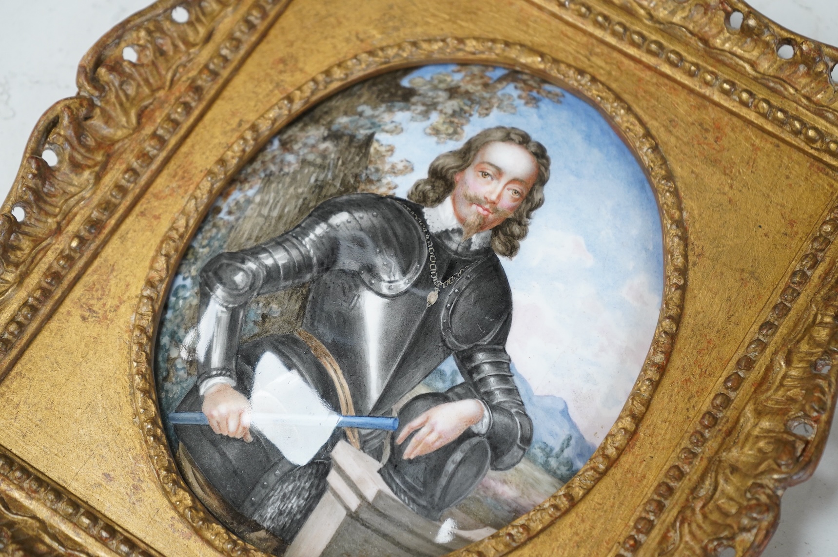 A gilt framed oval miniature of Charles I, enamel on copper, 15x12cm excl frame